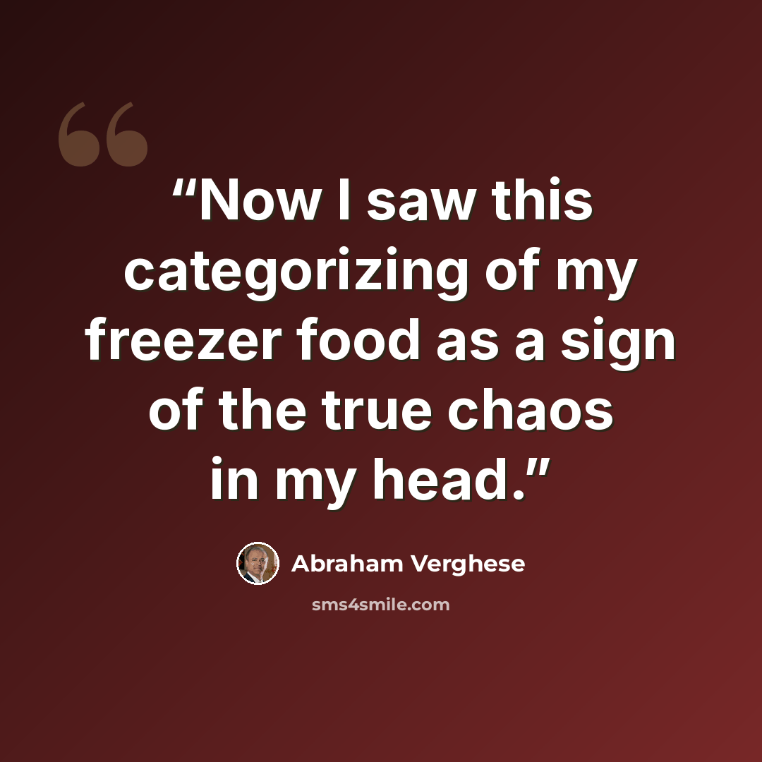 “Now I saw this categorizing of my freezer food as a sign of the true chaos in my head.” quote by Abraham Verghese