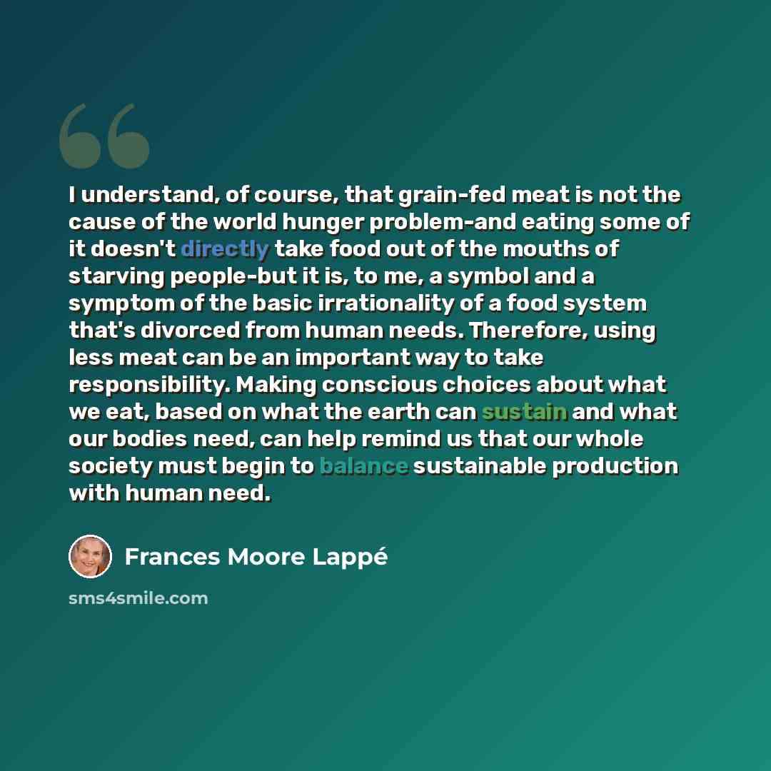 “I understand, of course, that grain-fed meat is not the cause of the world hunger problem-and eating some of it doesn't directly take food out of the mouths of starving people-but it is, to me, a symbol and a symptom of the basic irrationality of a food system that's divorced from human needs…” quote by Frances Moore Lappé