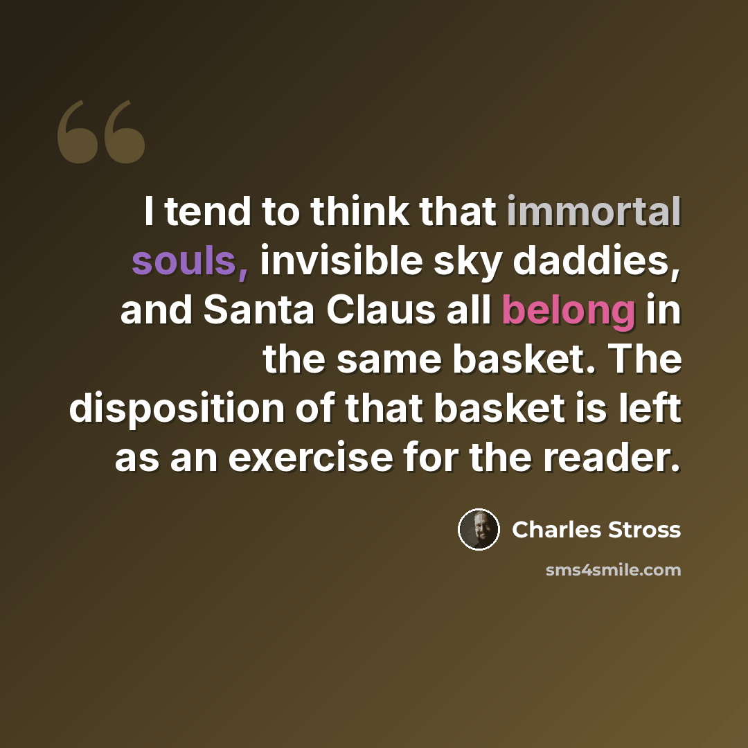 “I tend to think that immortal souls, invisible sky daddies, and Santa Claus all belong in the same basket. The disposition of that basket is left as an exercise for the reader.” quote by Charles Stross