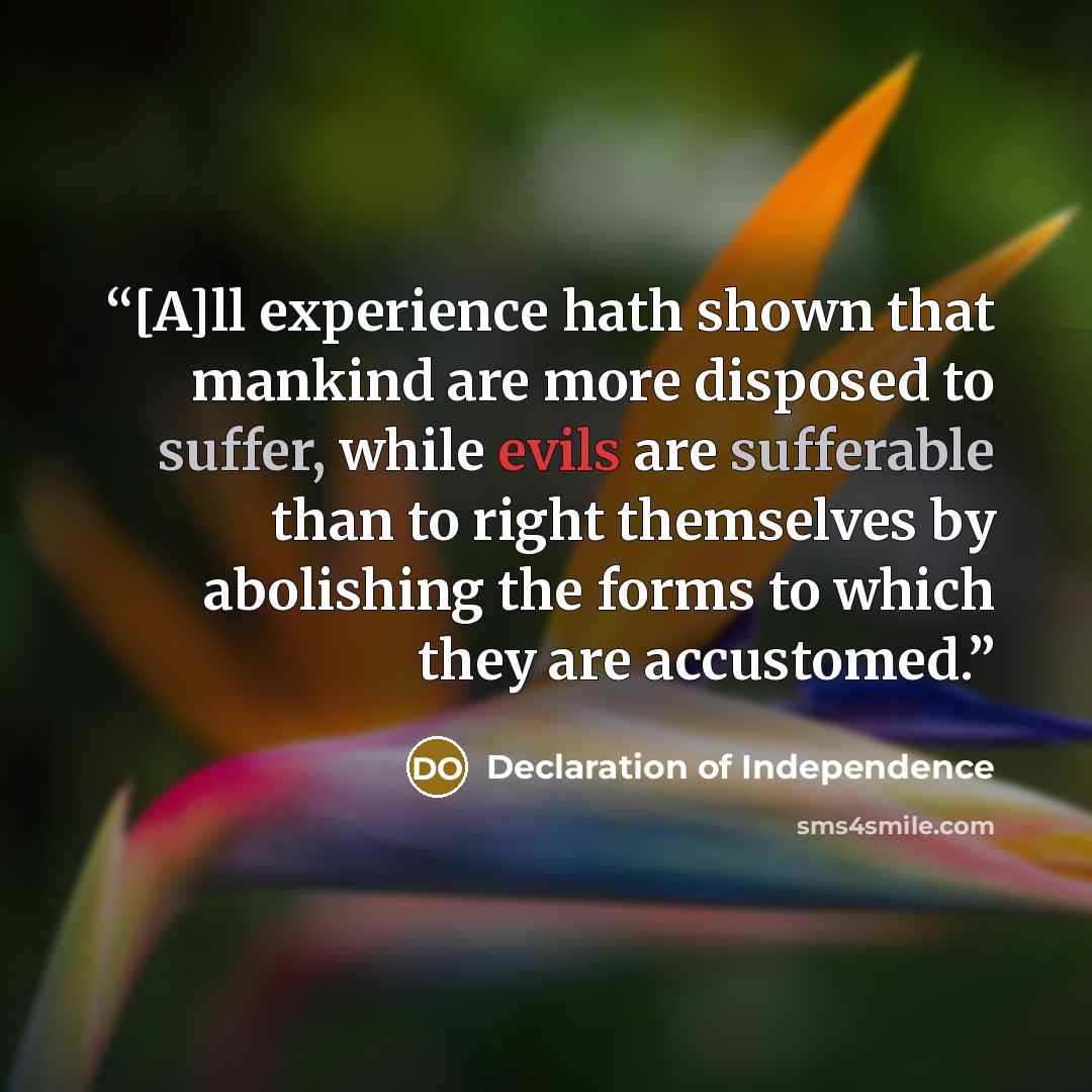“[A]ll experience hath shown that mankind are more disposed to suffer, while evils are sufferable than to right themselves by abolishing the forms to which they are accustomed.” quote by Declaration of Independence