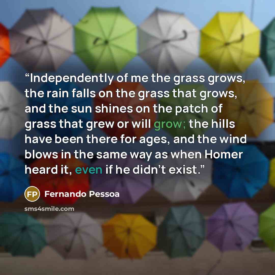 “Independently of me the grass grows, the rain falls on the grass that grows, and the sun shines on the patch of grass that grew or will grow; the hills have been there for ages, and the wind blows in the same way as when Homer heard it, even if he didn’t exist.” quote by Fernando Pessoa
