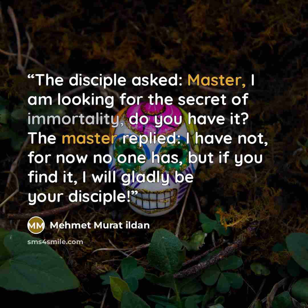 “The disciple asked: Master, I am looking for the secret of immortality, do you have it? The master replied: I have not, for now no one has, but if you find it, I will gladly be your disciple!” quote by Mehmet Murat ildan