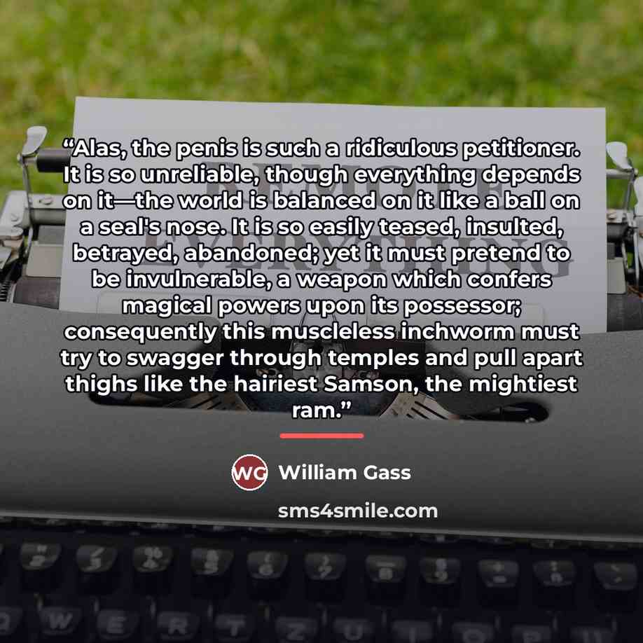 “Alas, the penis is such a ridiculous petitioner. It is so unreliable, though everything depends on it—the world is balanced on it like a ball on a seal's nose. It is so easily teased, insulted, betrayed, abandoned; yet it must pretend to be invulnerable, a weapon which confers magical powers upon…” quote by William Gass