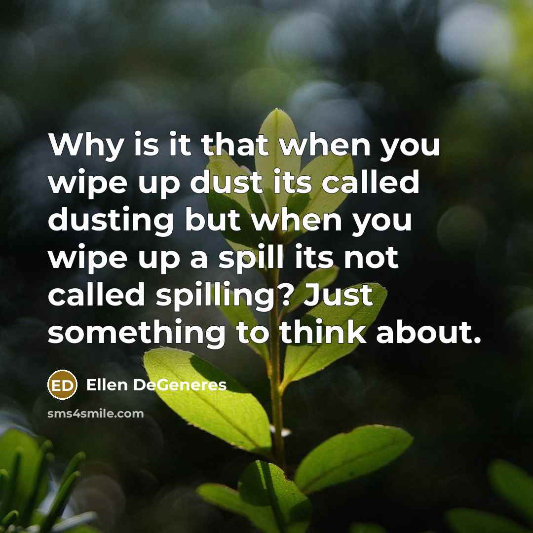 “Why is it that when you wipe up dust its called dusting but when you wipe up a spill its not called spilling? Just something to think about.” quote by Ellen DeGeneres