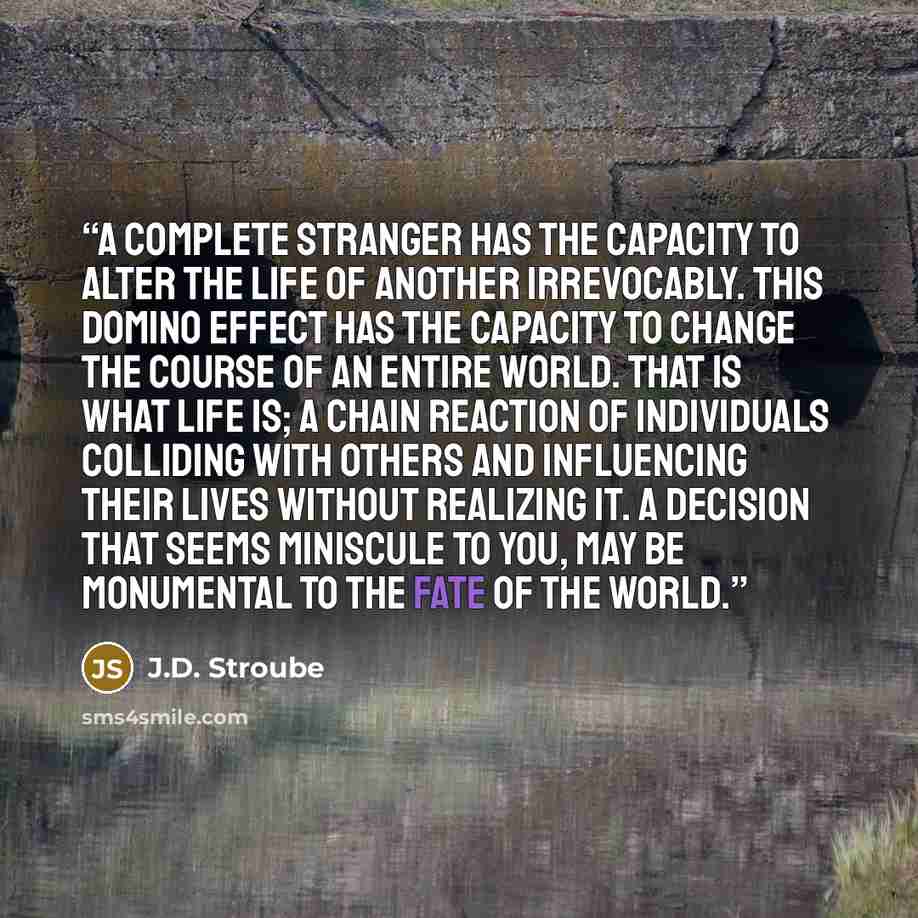 “A complete stranger has the capacity to alter the life of another irrevocably. This domino effect has the capacity to change the course of an entire world. That is what life is; a chain reaction of individuals colliding with others and influencing their lives without realizing it. A decision that…” quote by J.D. Stroube