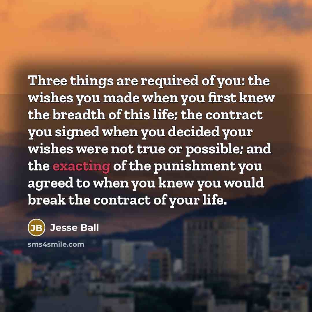 “Three things are required of you: the wishes you made when you first knew the breadth of this life; the contract you signed when you decided your wishes were not true or possible; and the exacting of the punishment you agreed to when you knew you would break the contract of your life.” quote by Jesse Ball