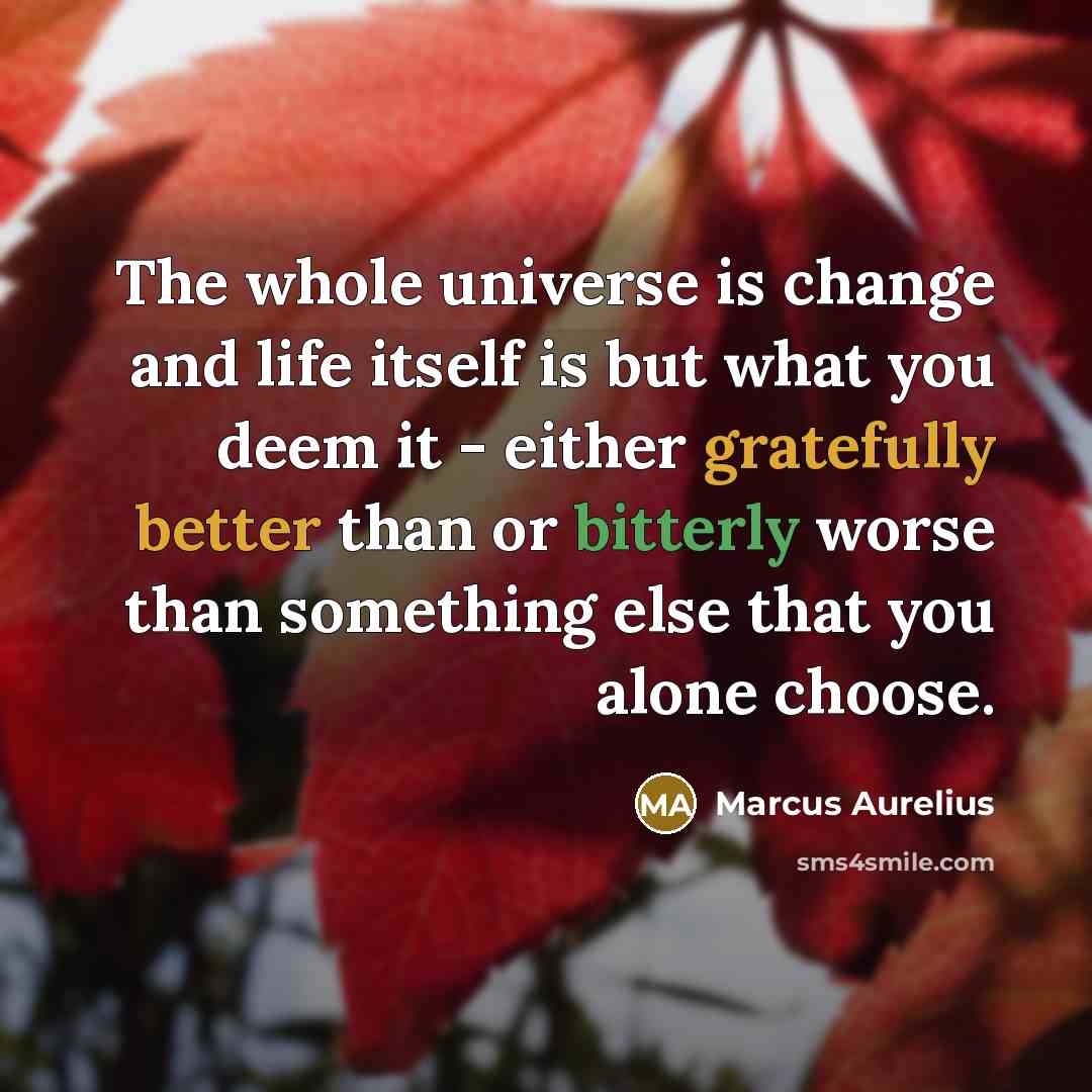 “The whole universe is change and life itself is but what you deem it - either gratefully better than or bitterly worse than something else that you alone choose.” quote by Marcus Aurelius