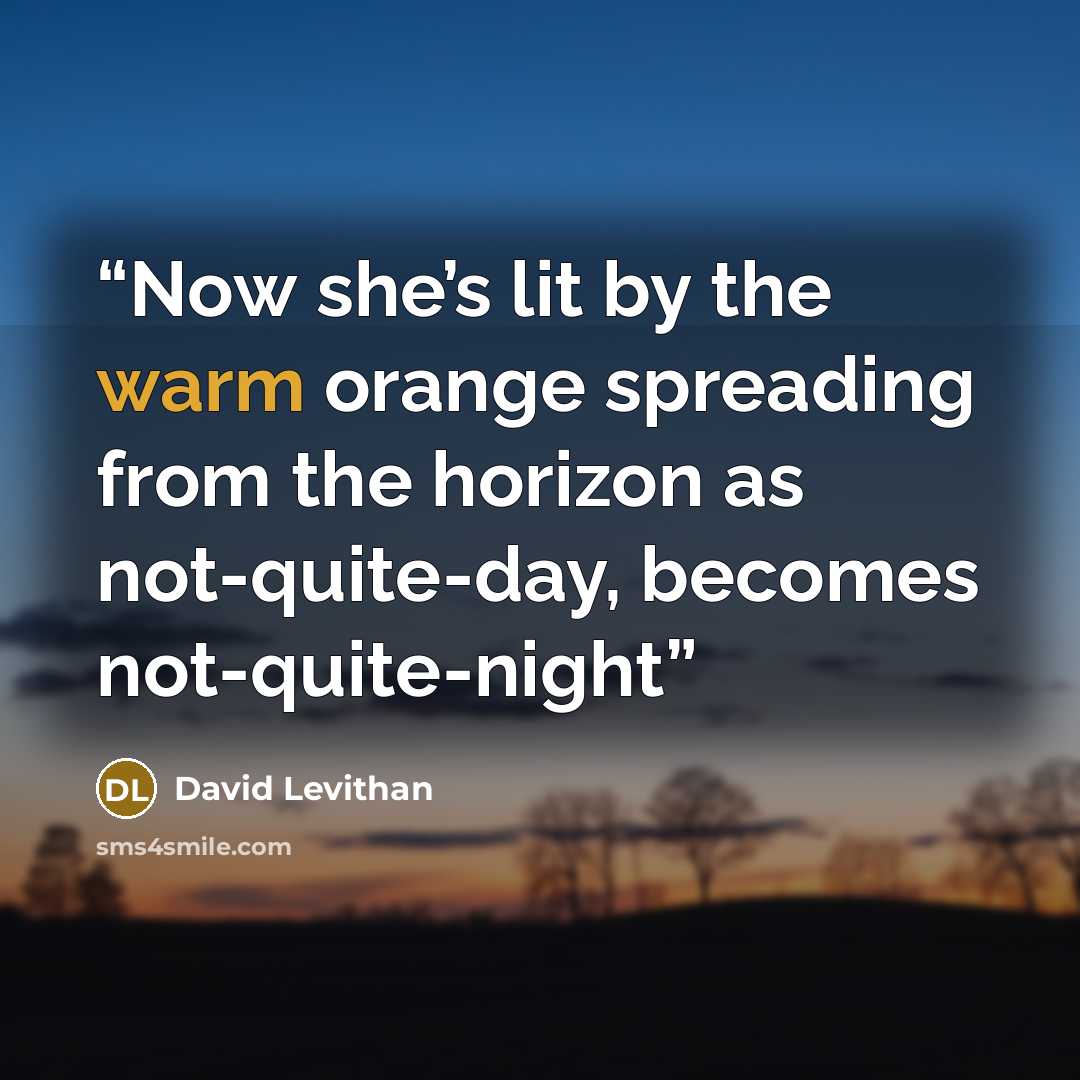 “Now she’s lit by the warm orange spreading from the horizon as not-quite-day, becomes not-quite-night” quote by David Levithan