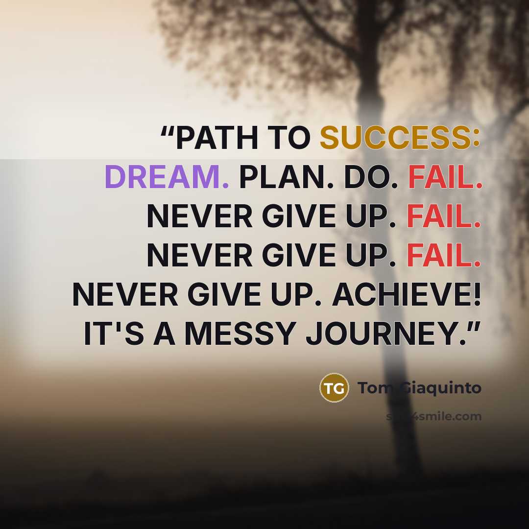 “PATH TO SUCCESS: DREAM. PLAN. DO. FAIL. NEVER GIVE UP. FAIL. NEVER GIVE UP. FAIL. NEVER GIVE UP. ACHIEVE! IT'S A MESSY JOURNEY.” quote by Tom Giaquinto