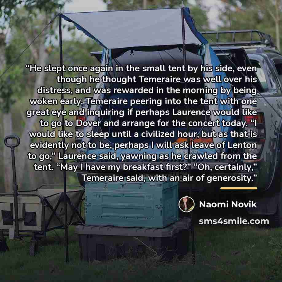 “He slept once again in the small tent by his side, even though he thought Temeraire was well over his distress, and was rewarded in the morning by being woken early, Temeraire peering into the tent with one great eye and inquiring if perhaps Laurence would like to go to Dover and arrange for the…” quote by Naomi Novik