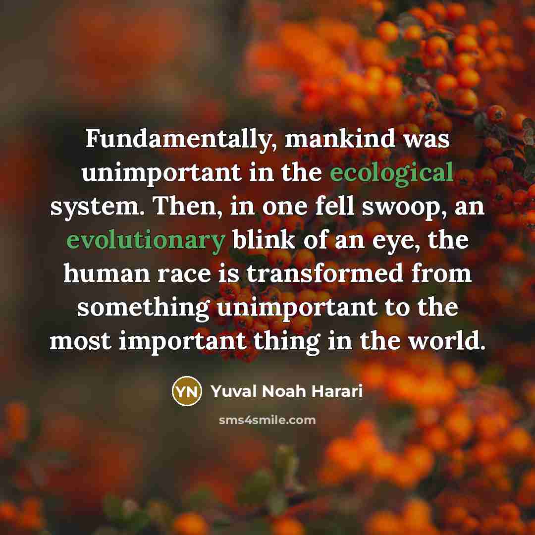 “Fundamentally, mankind was unimportant in the ecological system. Then, in one fell swoop, an evolutionary blink of an eye, the human race is transformed from something unimportant to the most important thing in the world.” quote by Yuval Noah Harari
