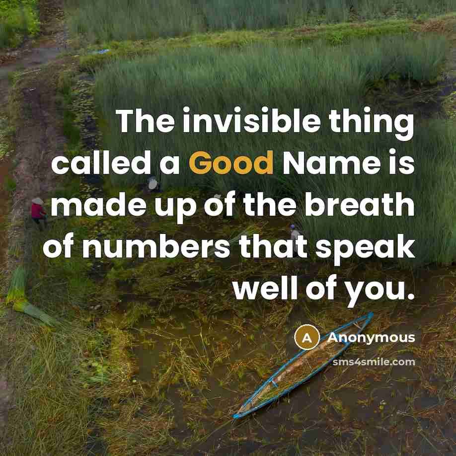 “The invisible thing called a Good Name is made up of the breath of numbers that speak well of you.” quote by Anonymous