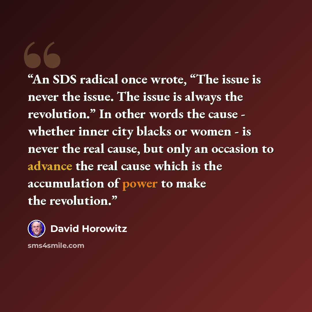 “An SDS radical once wrote, “The issue is never the issue. The issue is always the revolution.” In other words the cause - whether inner city blacks or women - is never the real cause, but only an occasion to advance the real cause which is the accumulation of power to make the revolution.” quote by David Horowitz