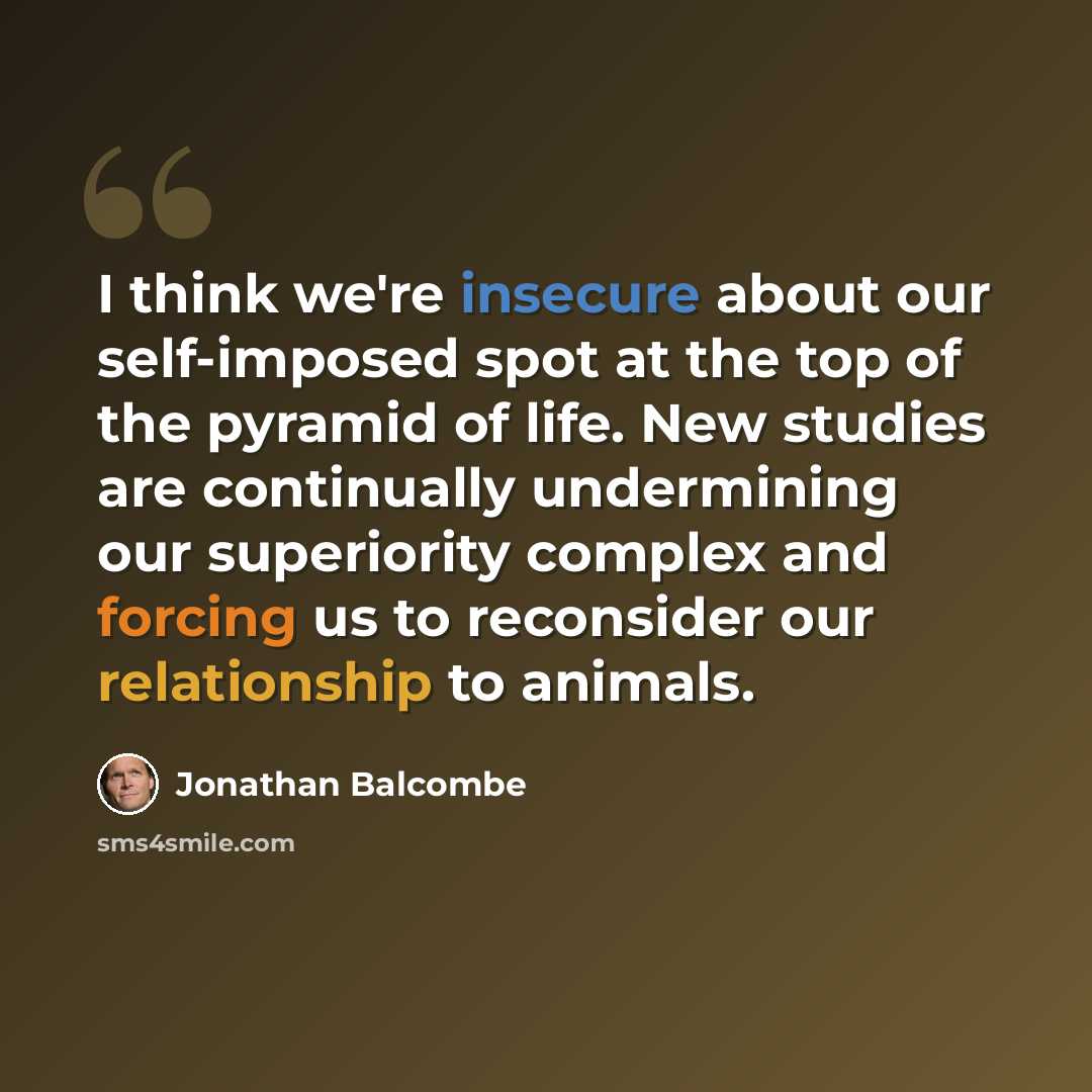 “I think we're insecure about our self-imposed spot at the top of the pyramid of life. New studies are continually undermining our superiority complex and forcing us to reconsider our relationship to animals.” quote by Jonathan Balcombe