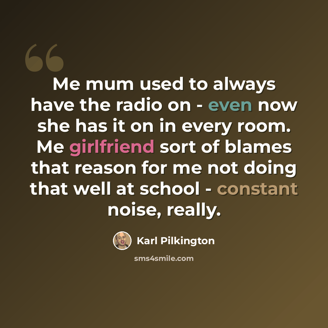 “Me mum used to always have the radio on - even now she has it on in every room. Me girlfriend sort of blames that reason for me not doing that well at school - constant noise, really.” quote by Karl Pilkington