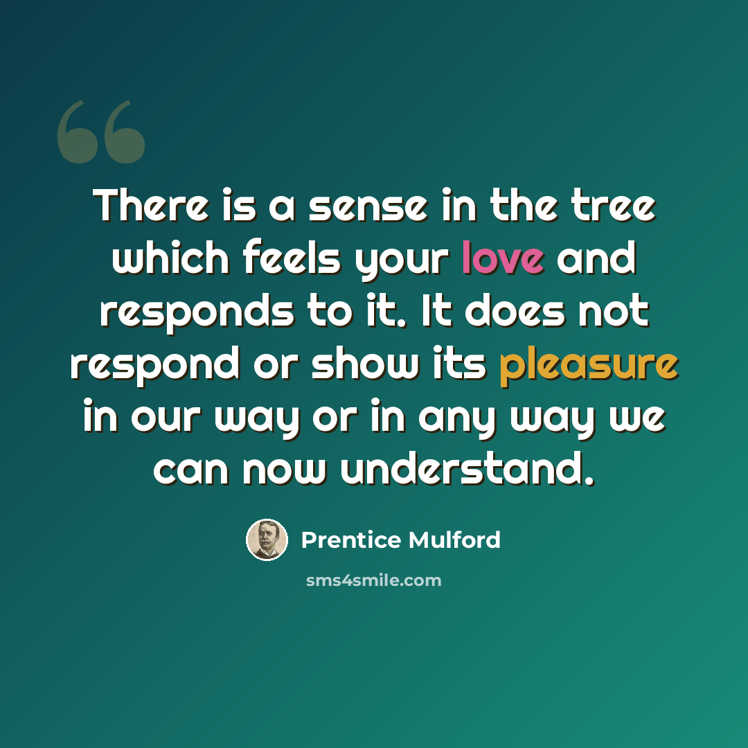 “There is a sense in the tree which feels your love and responds to it. It does not respond or show its pleasure in our way or in any way we can now understand.” quote by Prentice Mulford