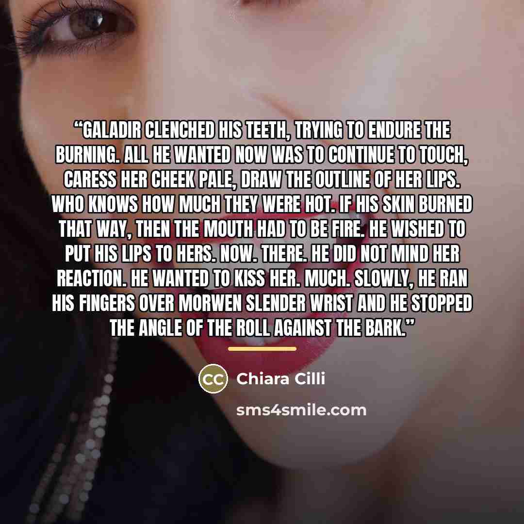“Galadir clenched his teeth, trying to endure the burning. All he wanted now was to continue to touch, caress her cheek pale, draw the outline of her lips. Who knows how much they were hot. If his skin burned that way, then the mouth had to be fire. He wished to put his lips to hers. Now. There. He…” quote by Chiara Cilli