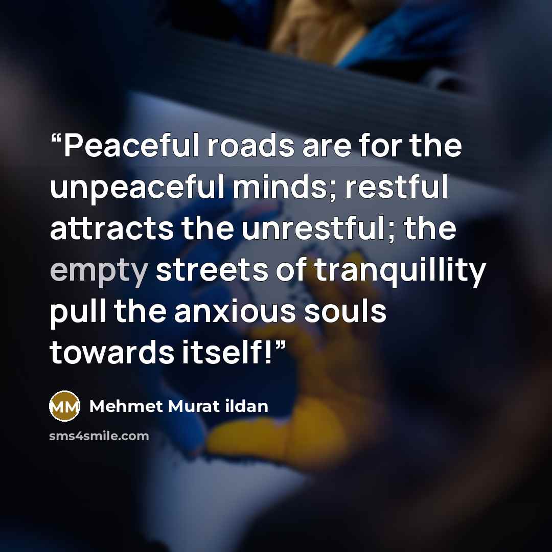 “Peaceful roads are for the unpeaceful minds; restful attracts the unrestful; the empty streets of tranquillity pull the anxious souls towards itself!” quote by Mehmet Murat ildan