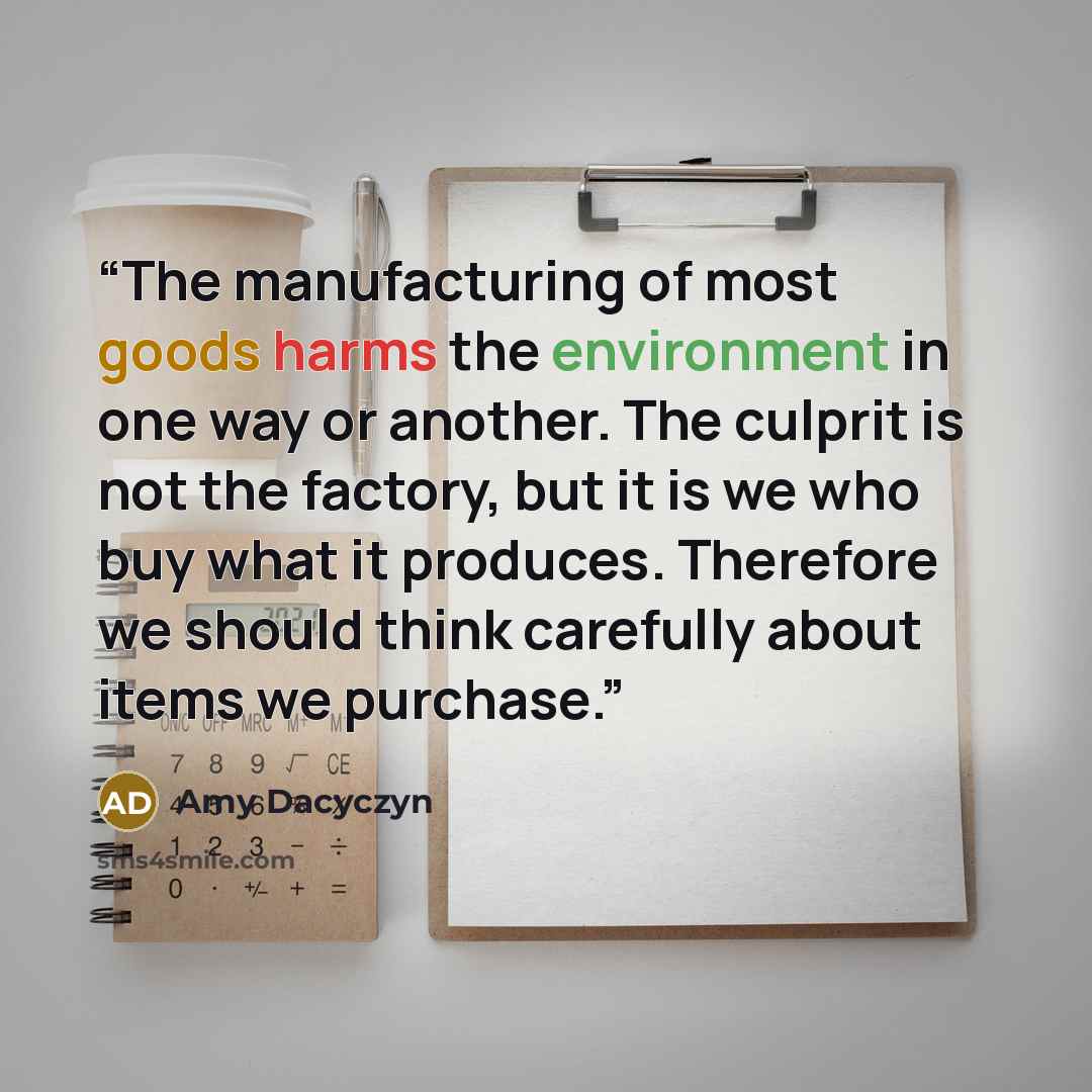 “The manufacturing of most goods harms the environment in one way or another. The culprit is not the factory, but it is we who buy what it produces. Therefore we should think carefully about items we purchase.” quote by Amy Dacyczyn