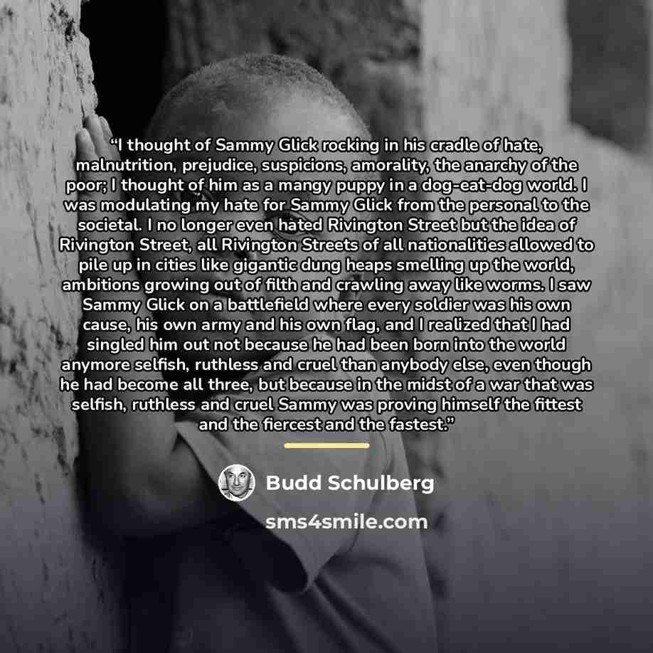 “I thought of Sammy Glick rocking in his cradle of hate, malnutrition, prejudice, suspicions, amorality, the anarchy of the poor; I thought of him as a mangy puppy in a dog-eat-dog world. I was modulating my hate for Sammy Glick from the personal to the societal. I no longer even hated Rivington…” quote by Budd Schulberg