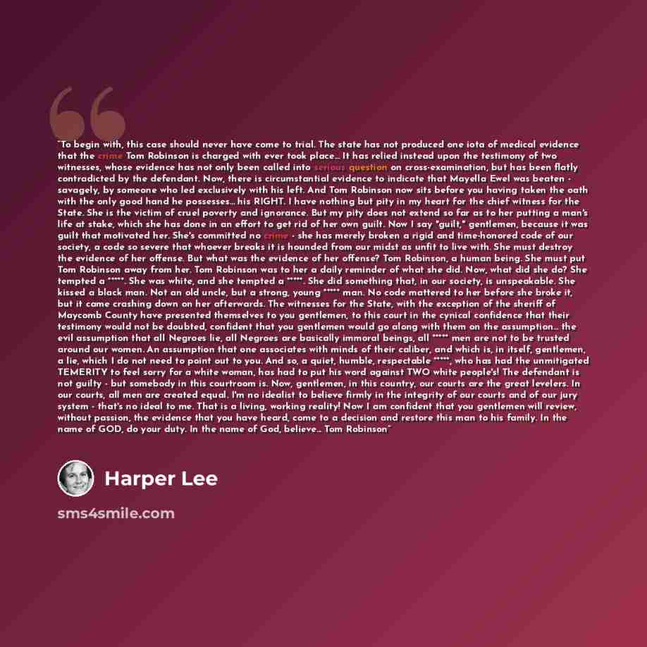 “To begin with, this case should never have come to trial. The state has not produced one iota of medical evidence that the crime Tom Robinson is charged with ever took place... It has relied instead upon the testimony of two witnesses, whose evidence has not only been called into serious question…” quote by Harper Lee