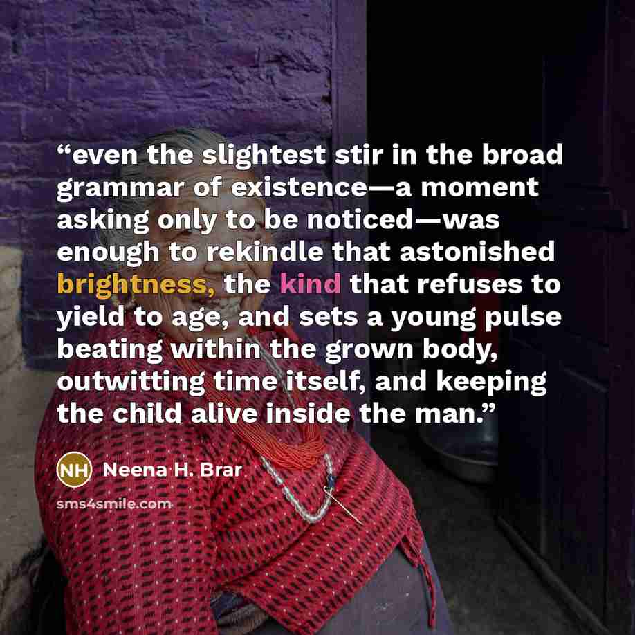 “even the slightest stir in the broad grammar of existence—a moment asking only to be noticed—was enough to rekindle that astonished brightness, the kind that refuses to yield to age, and sets a young pulse beating within the grown body, outwitting time itself, and keeping the child alive inside…” quote by Neena H. Brar