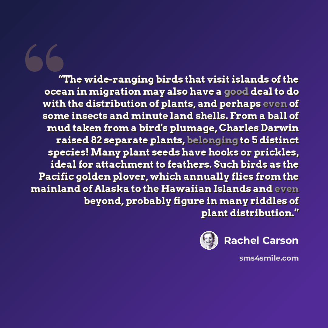 “The wide-ranging birds that visit islands of the ocean in migration may also have a good deal to do with the distribution of plants, and perhaps even of some insects and minute land shells. From a ball of mud taken from a bird's plumage, Charles Darwin raised 82 separate plants, belonging to 5…” quote by Rachel carson