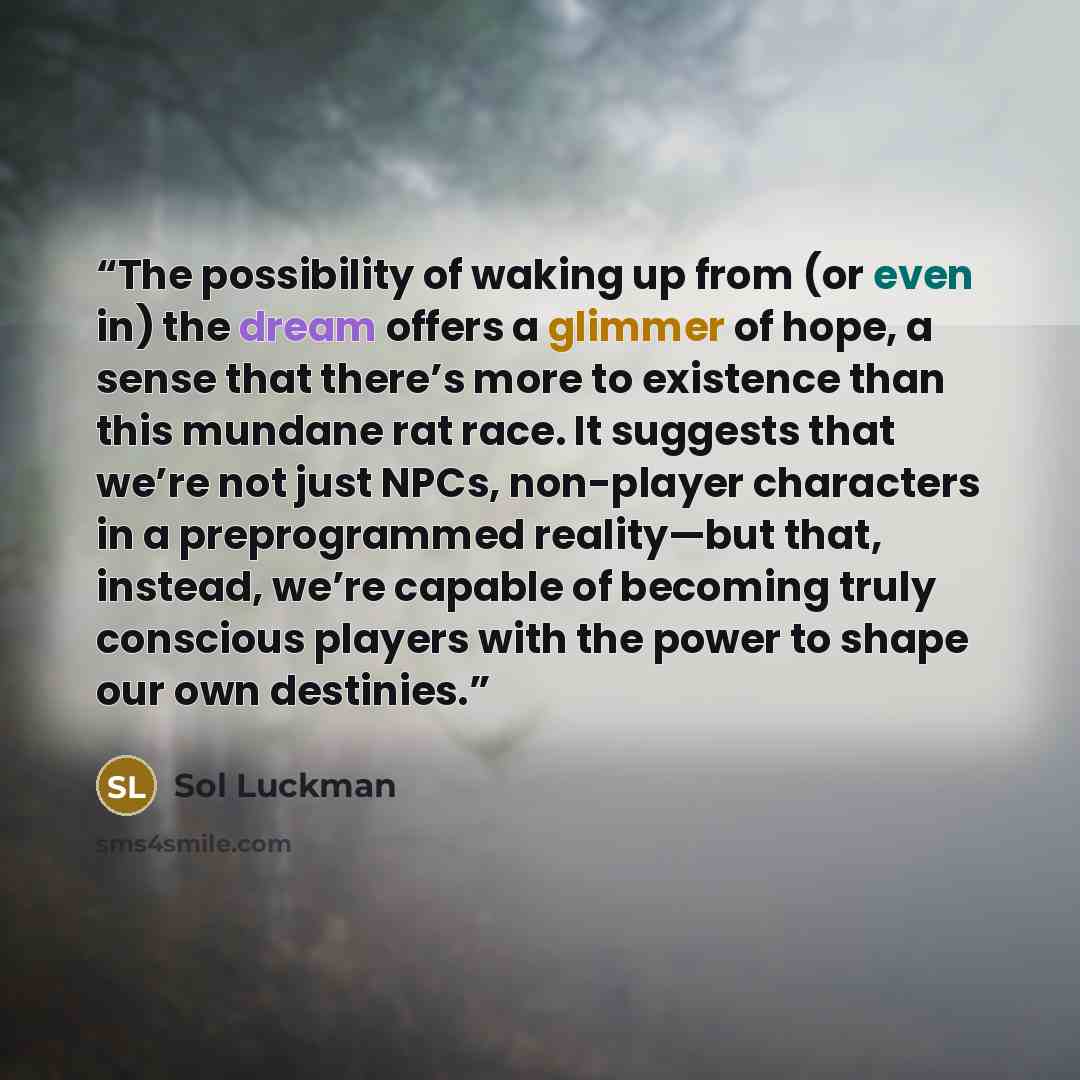 “The possibility of waking up from (or even in) the dream offers a glimmer of hope, a sense that there’s more to existence than this mundane rat race. It suggests that we’re not just NPCs, non-player characters in a preprogrammed reality—but that, instead, we’re capable of becoming truly conscious…” quote by Sol Luckman