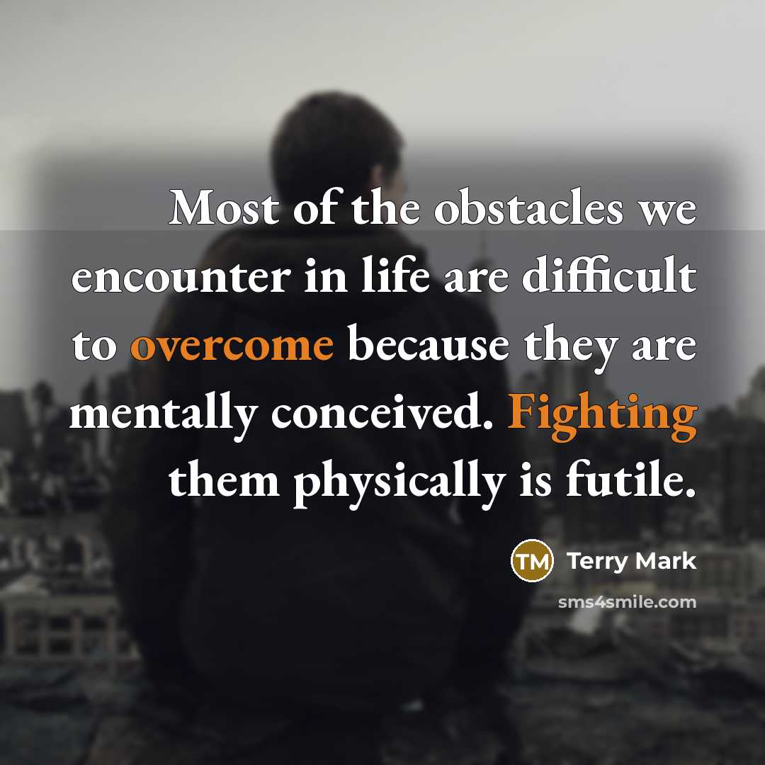 “Most of the obstacles we encounter in life are difficult to overcome because they are mentally conceived. Fighting them physically is futile.” quote by Terry Mark