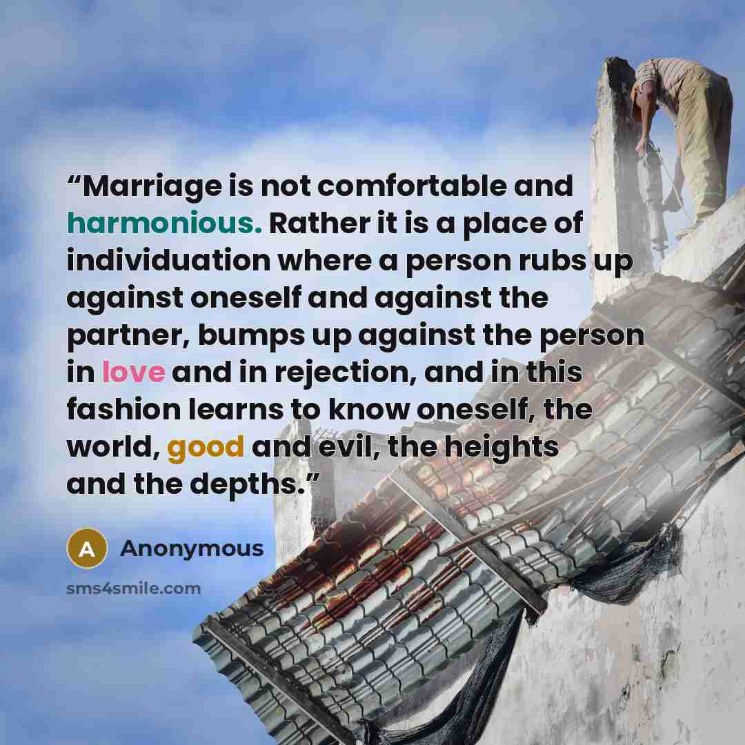 “Marriage is not comfortable and harmonious. Rather it is a place of individuation where a person rubs up against oneself and against the partner, bumps up against the person in love and in rejection, and in this fashion learns to know oneself, the world, good and evil, the heights and the depths.” quote by Anonymous