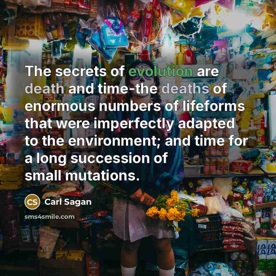 “The secrets of evolution are death and time-the deaths of enormous numbers of lifeforms that were imperfectly adapted to the environment; and time for a long succession of small mutations.” quote by Carl Sagan