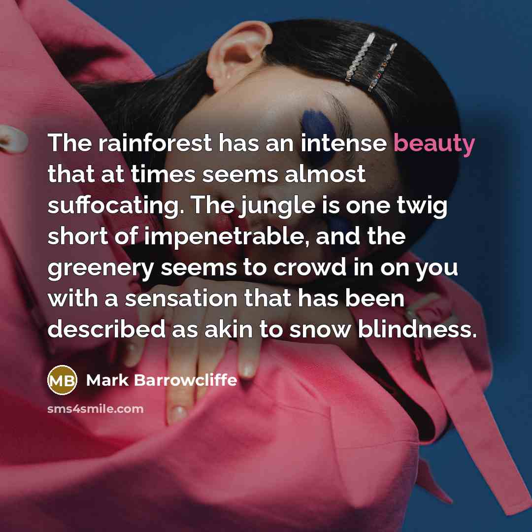 “The rainforest has an intense beauty that at times seems almost suffocating. The jungle is one twig short of impenetrable, and the greenery seems to crowd in on you with a sensation that has been described as akin to snow blindness.” quote by Mark Barrowcliffe