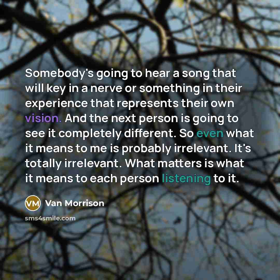 “Somebody's going to hear a song that will key in a nerve or something in their experience that represents their own vision. And the next person is going to see it completely different. So even what it means to me is probably irrelevant. It's totally irrelevant. What matters is what it means to…” quote by Van Morrison