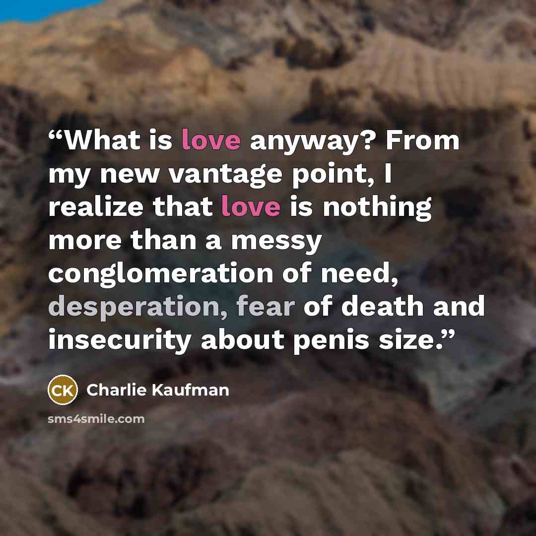 “What is love anyway? From my new vantage point, I realize that love is nothing more than a messy conglomeration of need, desperation, fear of death and insecurity about penis size.” quote by Charlie Kaufman