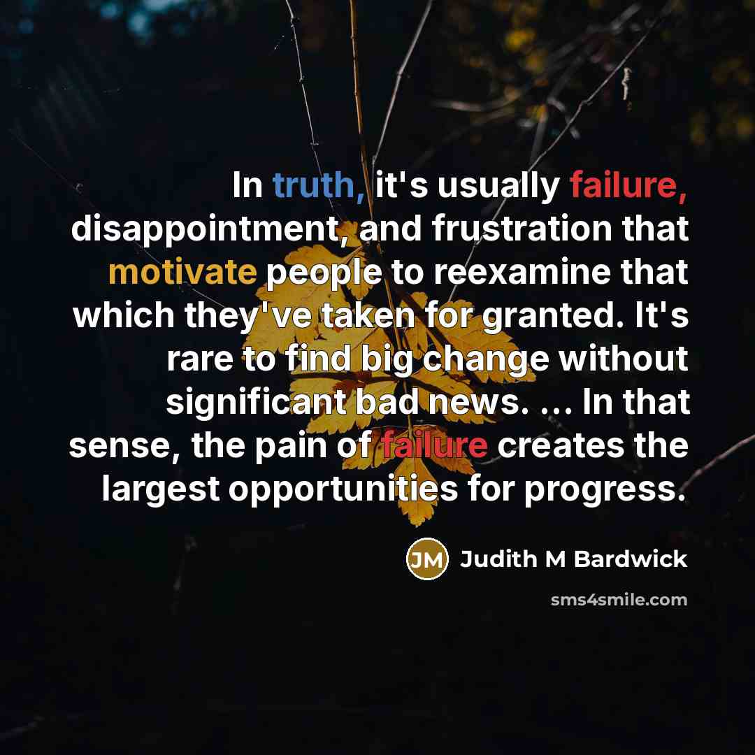 “In truth, it's usually failure, disappointment, and frustration that motivate people to reexamine that which they've taken for granted. It's rare to find big change without significant bad news. ... In that sense, the pain of failure creates the largest opportunities for progress.” quote by Judith M Bardwick