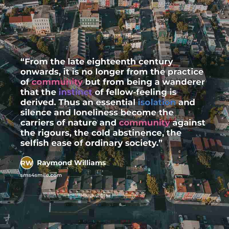 “From the late eighteenth century onwards, it is no longer from the practice of community but from being a wanderer that the instinct of fellow-feeling is derived. Thus an essential isolation and silence and loneliness become the carriers of nature and community against the rigours, the cold…” quote by Raymond Williams