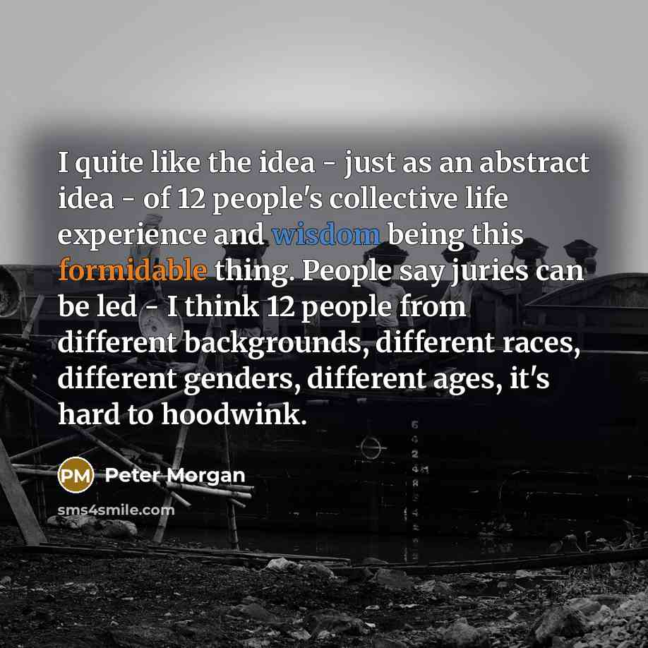 “I quite like the idea - just as an abstract idea - of 12 people's collective life experience and wisdom being this formidable thing. People say juries can be led - I think 12 people from different backgrounds, different races, different genders, different ages, it's hard to hoodwink.” quote by Peter Morgan