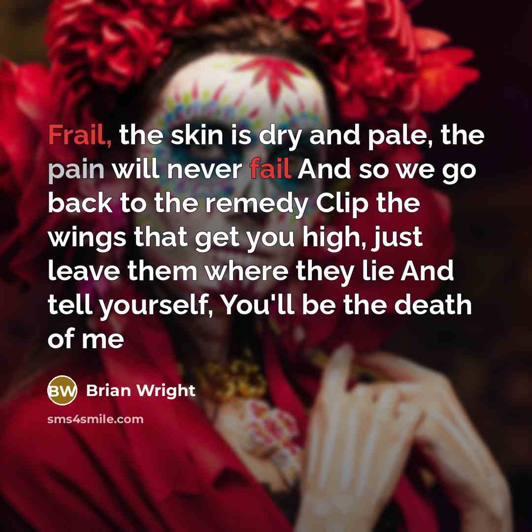 “Frail, the skin is dry and pale, the pain will never fail And so we go back to the remedy Clip the wings that get you high, just leave them where they lie And tell yourself, You'll be the death of me” quote by Brian Wright