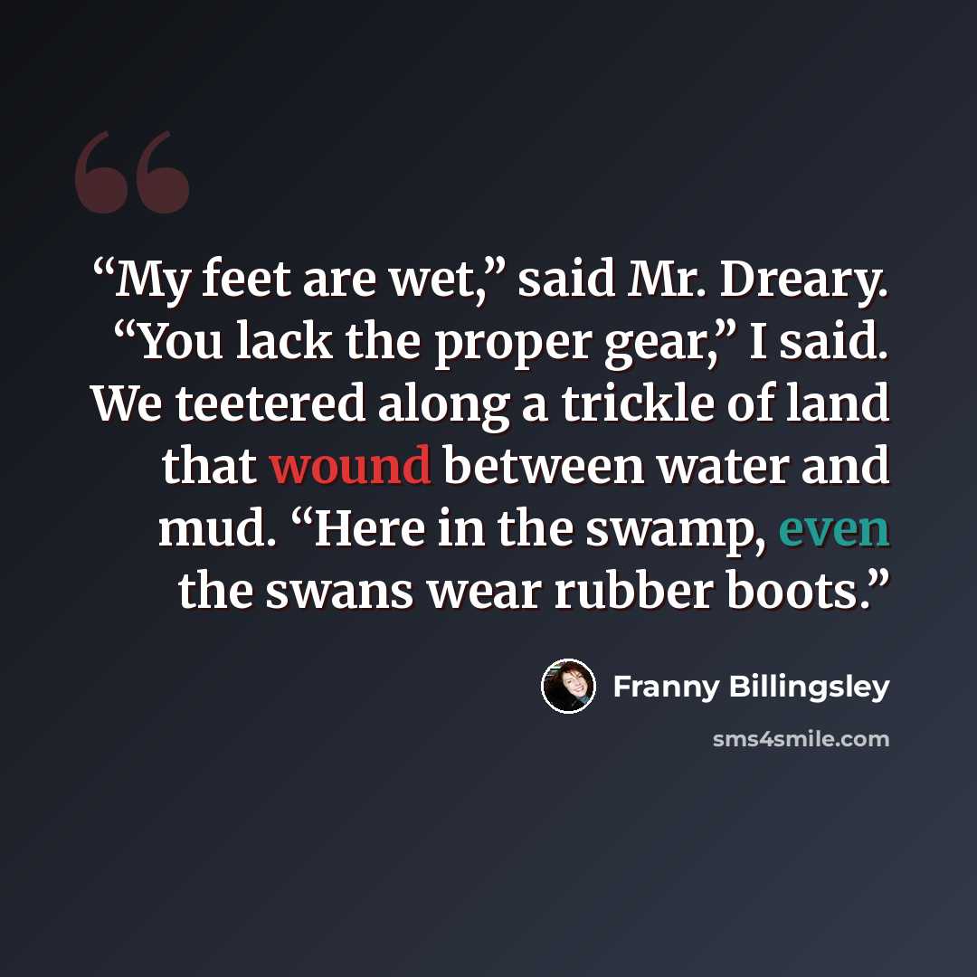 “My feet are wet,” said Mr. Dreary. “You lack the proper gear,” I said. We teetered along a trickle of land that wound between water and mud. “Here in the swamp, even the swans wear rubber boots.” quote by Franny Billingsley