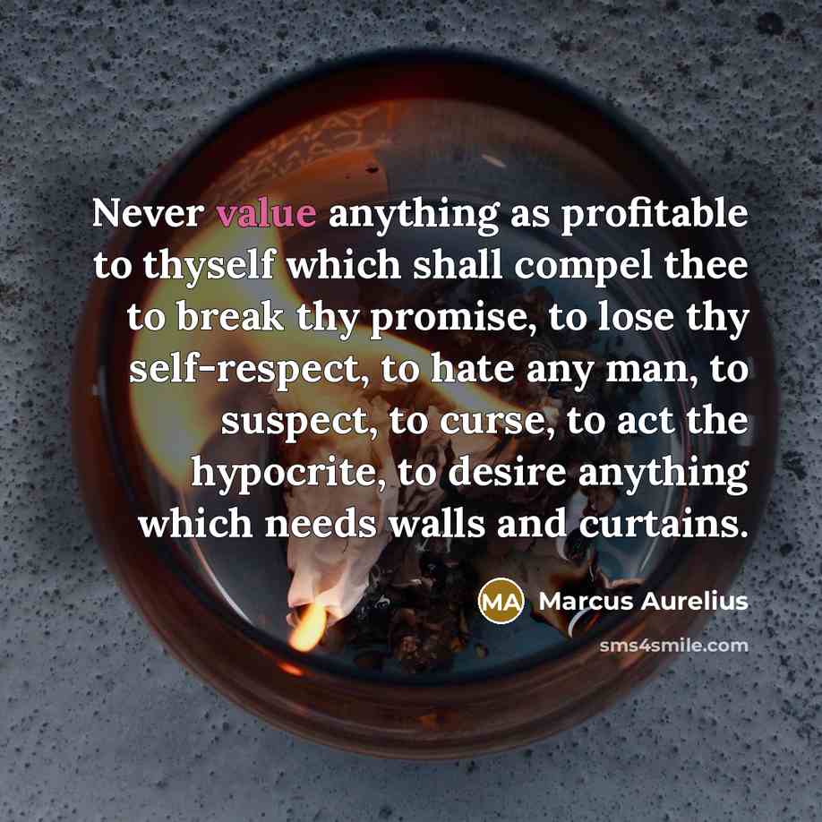 “Never value anything as profitable to thyself which shall compel thee to break thy promise, to lose thy self-respect, to hate any man, to suspect, to curse, to act the hypocrite, to desire anything which needs walls and curtains.” quote by Marcus Aurelius