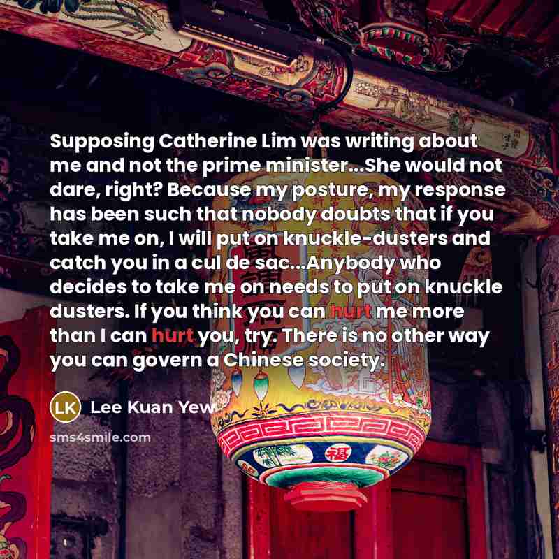“Supposing Catherine Lim was writing about me and not the prime minister...She would not dare, right? Because my posture, my response has been such that nobody doubts that if you take me on, I will put on knuckle-dusters and catch you in a cul de sac...Anybody who decides to take me on needs to put…” quote by Lee Kuan Yew