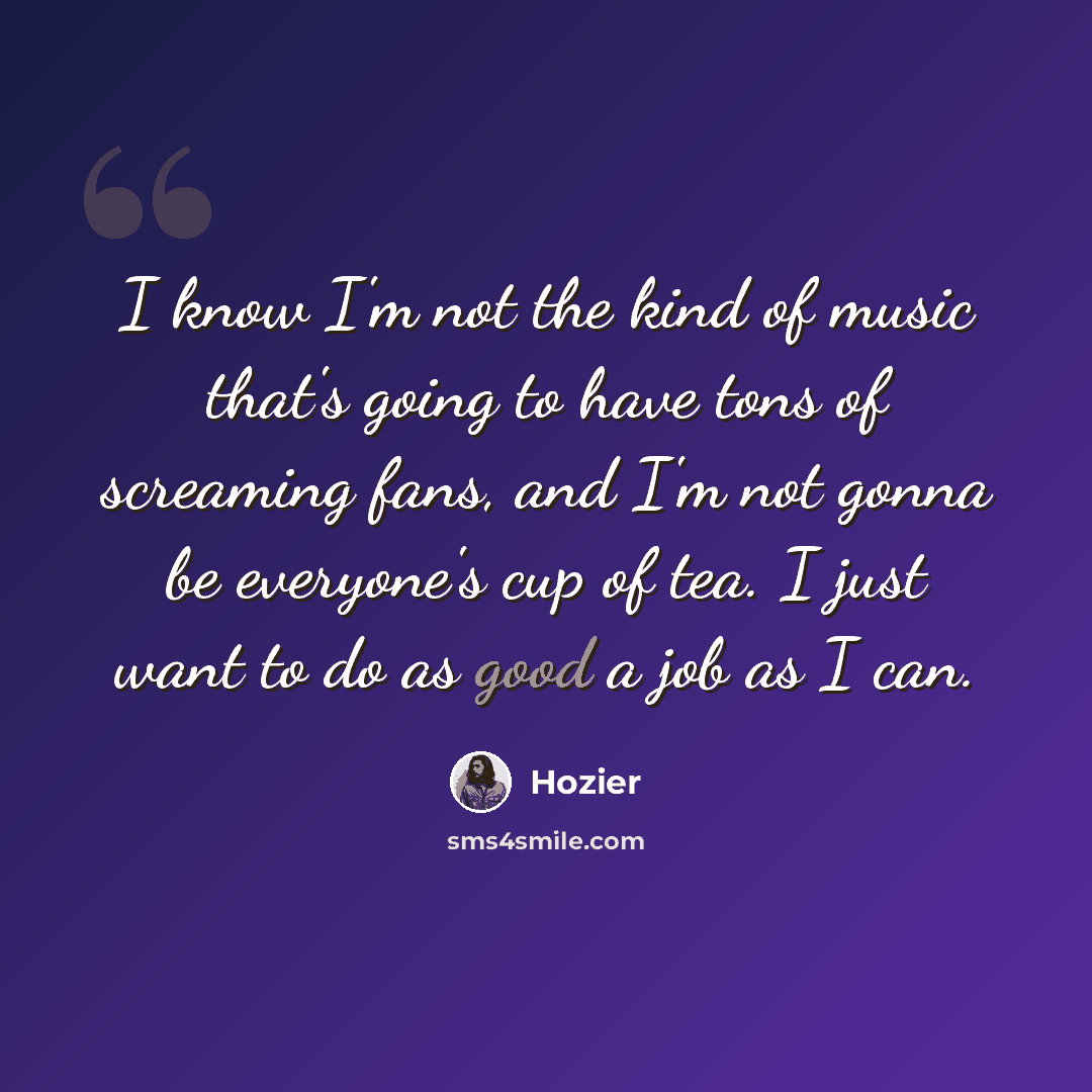“I know I'm not the kind of music that's going to have tons of screaming fans, and I'm not gonna be everyone's cup of tea. I just want to do as good a job as I can.” quote by Hozier