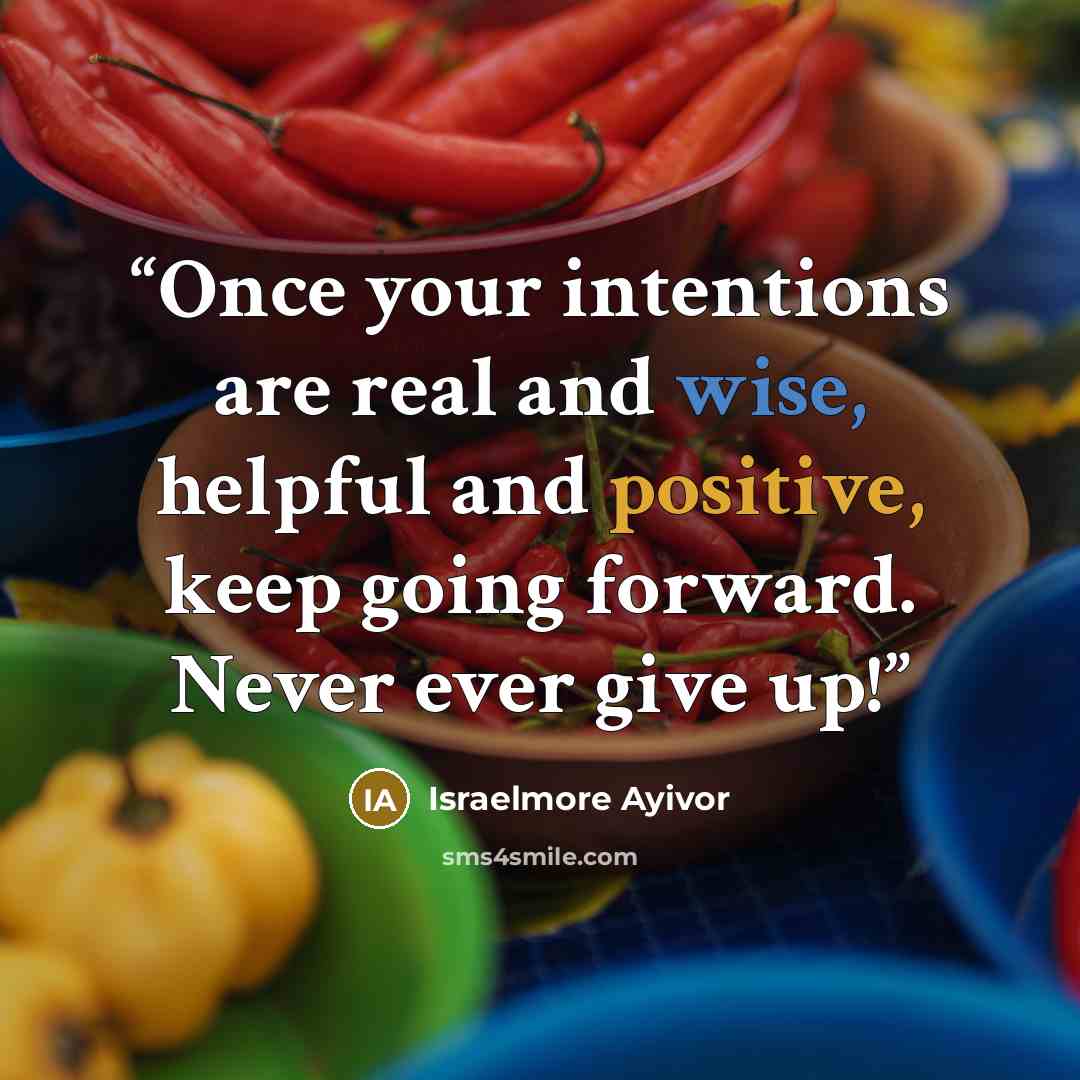 “Once your intentions are real and wise, helpful and positive, keep going forward. Never ever give up!” quote by Israelmore Ayivor