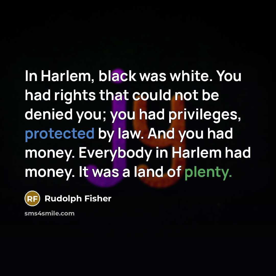 “In Harlem, black was white. You had rights that could not be denied you; you had privileges, protected by law. And you had money. Everybody in Harlem had money. It was a land of plenty.” quote by Rudolph Fisher