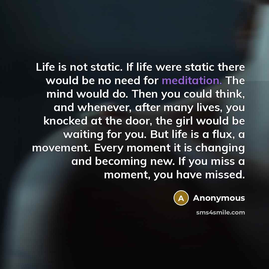 “Life is not static. If life were static there would be no need for meditation. The mind would do. Then you could think, and whenever, after many lives, you knocked at the door, the girl would be waiting for you. But life is a flux, a movement. Every moment it is changing and becoming new. If you…” quote by Anonymous