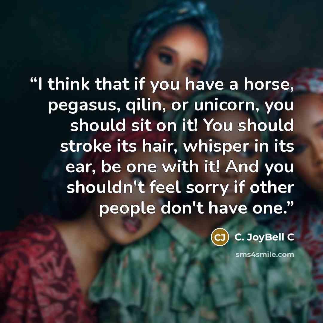 “I think that if you have a horse, pegasus, qilin, or unicorn, you should sit on it! You should stroke its hair, whisper in its ear, be one with it! And you shouldn't feel sorry if other people don't have one.” quote by C. JoyBell C