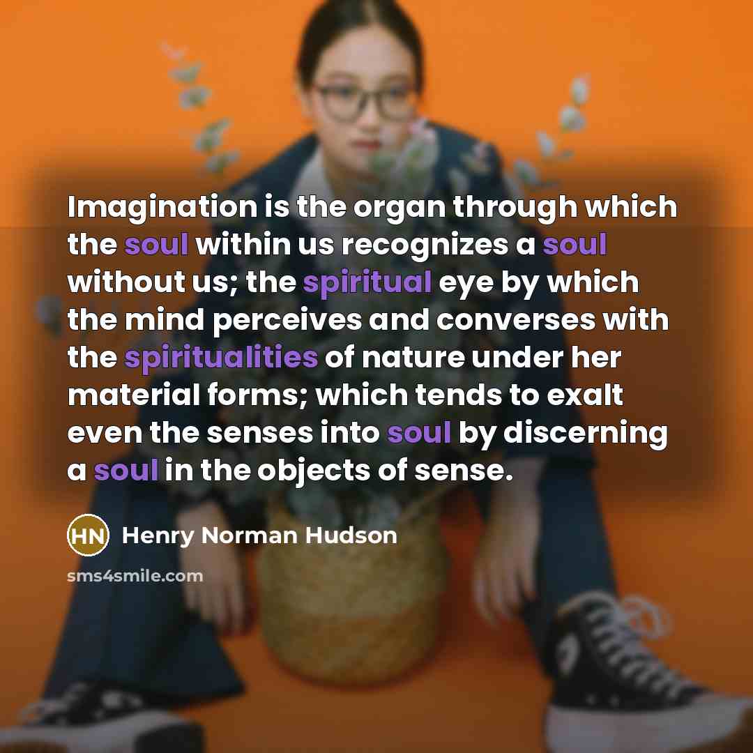 “Imagination is the organ through which the soul within us recognizes a soul without us; the spiritual eye by which the mind perceives and converses with the spiritualities of nature under her material forms; which tends to exalt even the senses into soul by discerning a soul in the objects of sense.” quote by Henry Norman Hudson
