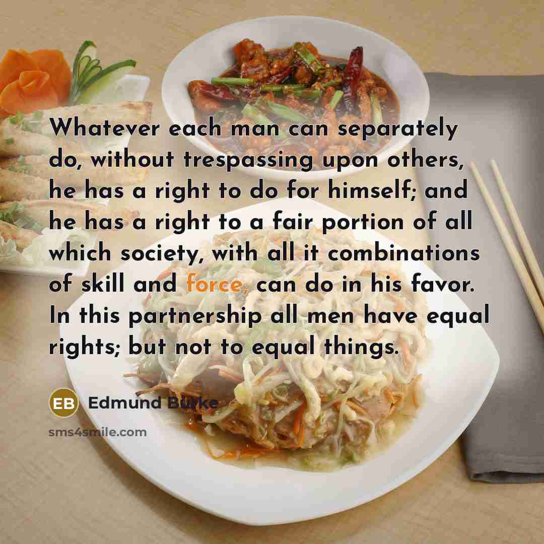 “Whatever each man can separately do, without trespassing upon others, he has a right to do for himself; and he has a right to a fair portion of all which society, with all it combinations of skill and force, can do in his favor. In this partnership all men have equal rights; but not to equal things.” quote by Edmund Burke