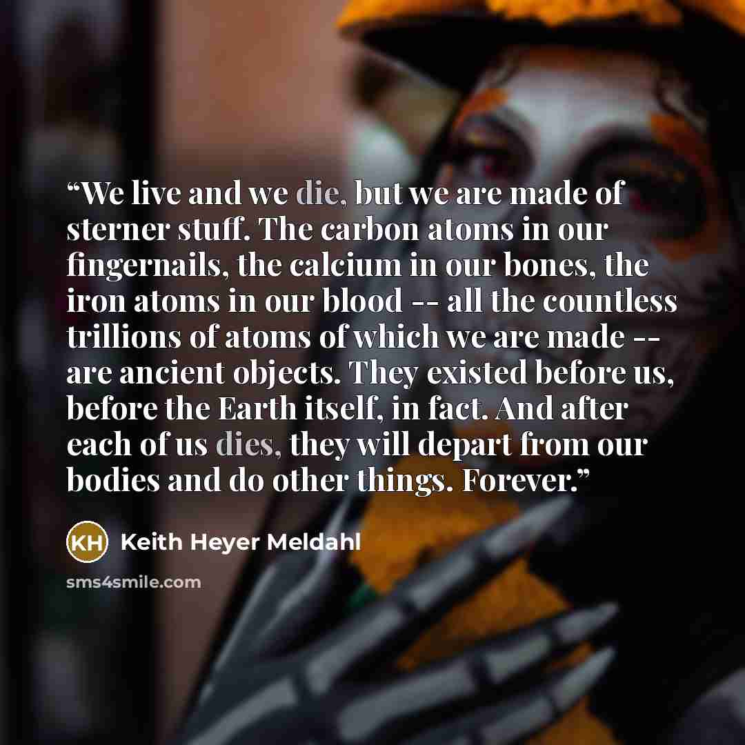 “We live and we die, but we are made of sterner stuff. The carbon atoms in our fingernails, the calcium in our bones, the iron atoms in our blood -- all the countless trillions of atoms of which we are made -- are ancient objects. They existed before us, before the Earth itself, in fact. And after…” quote by Keith Heyer Meldahl