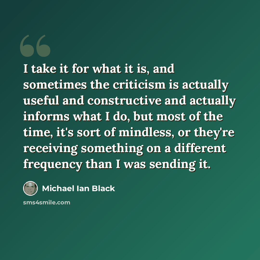 “I take it for what it is, and sometimes the criticism is actually useful and constructive and actually informs what I do, but most of the time, it's sort of mindless, or they're receiving something on a different frequency than I was sending it.” quote by Michael Ian Black